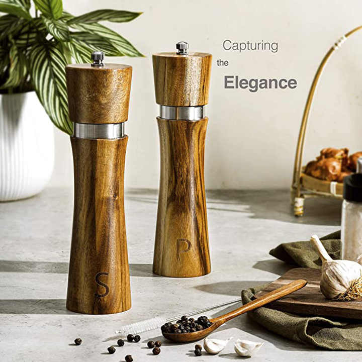 Acacia Wooden Salt and Pepper Grinder Set  Premium Wooden Salt and Pepper Mill Set 8 Inch