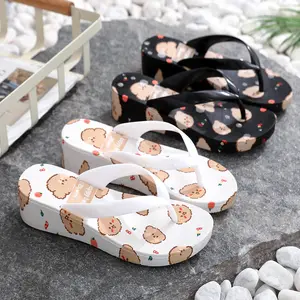 Cartoon Thick Sole Slippers For Women Bear Cat Printing Slippers Anti-Slip Slippers For Summer Wear Beach High Heel Flip Flops