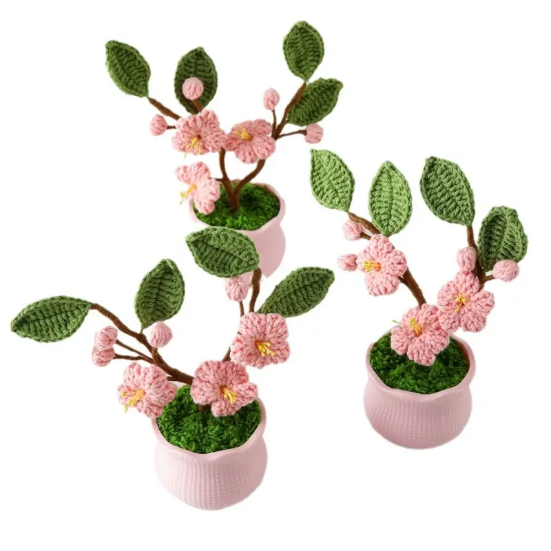 Vaso de flor de pêssego rosa para presente de festival, tricô à mão, crochê, flores artificiais, fio DIY, produto acabado, decoração para casa