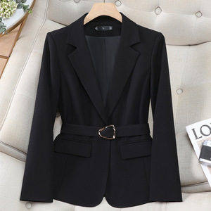 White Women's Blazer With Belt Solid Color Slim Fit For Office Wear - Product Image 2