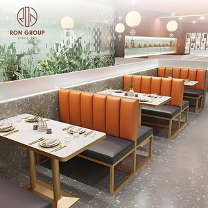 Conjunto de muebles de restaurante comercial Silla de cuero naranja con costuras verticales y mesa cuadrada con sofá para cafetería - Product Image 2
