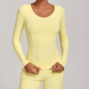 Haut de <span class=keywords><strong>yoga</strong></span> à manches longues et col en V pour femmes T-<span class=keywords><strong>shirt</strong></span> athlétique hauts d'entraînement chemise de gymnastique active vêtements de sport coupe ajustée - Product Image 3
