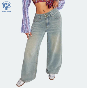 YUANBOFEI <span class=keywords><strong>Jeans</strong></span> Blu Larghi da <span class=keywords><strong>Donna</strong></span> a Vita Bassa, Gamba Larga, in Denim Lavato Vintage, Vestibilità Ampia, Stile Streetwear - Product Image 3