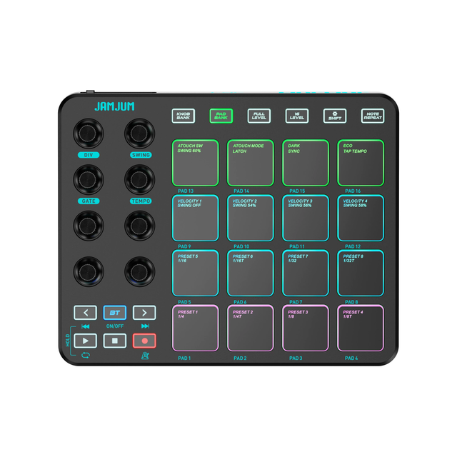 JAMJUM Portable Mini 16 Pads 8 Knobs USB MIDI Keyboard Controller Drum Pad for Music Studio Performance