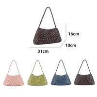 Tas Tote Wanita Kulit Asli Anyaman, Bukaan Terbuka, Portabel, Tas Tangan Fashion Kecil, Lapisan Poliester, Kapasitas 1-1.9L