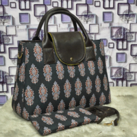 Tas Tangan Kanvas Katun Twill Motif Geometris Etnik India Warna Biru Tua Arang Tua dengan Ritsleting Tahan Air dan Kantong Kosmetik Senada