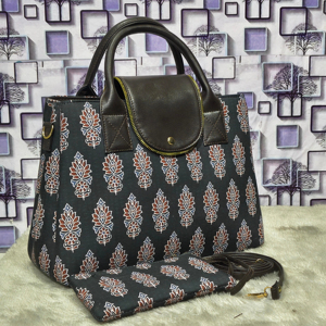 Deep Charcoal or Midnight Blue Floral Paisley Indian Ethnic Print Canvas & Cotton Twill Handbag with Matching Cosmetic Pouch - Product Image 1