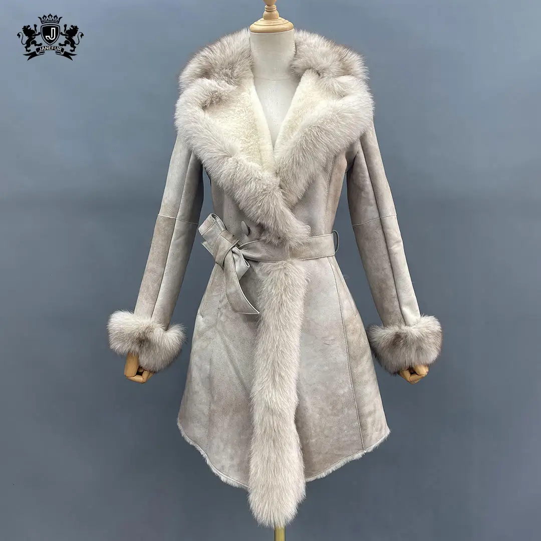 Janefur Offre Spéciale Mode Tranchée Avec Ceinture Réel Fox Col De Fourrure Véritable Long Femme En Cuir Manteau