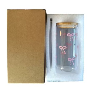 Copo de Vidro Mason Jar de 16oz com Canudo e Tampa de Bambu, Copo de Café com Laço Fofo para Bebidas Geladas, Presente - Product Image 3