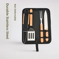 Ensemble de barbecue d'extérieur en acier inoxydable de style coréen personnalisé en usine, kit d'ustensiles 4 pièces avec manches en bois dans un sac de transport