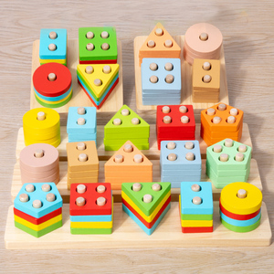 Montessori mainan blok bangunan kayu lapis pendidikan dini kolom cocok bentuk geometris kayu empat kolom untuk bermain - Product Image 1