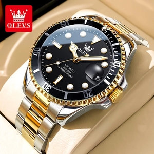 Olevs 6650 jam tangan <span class=keywords><strong>Analog</strong></span> otomatis pria, arloji mewah hitam emas tahan air tanggal otomatis Stainless Steel, jam tangan bercahaya untuk pria - Product Image 1