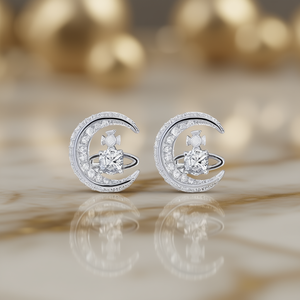 Pendientes de Oro Blanco E3326 con Forma de Luna, Cristales de Circonita, Engaste de Garras, para Mujer, Uso Diario Romántico - Product Image 2