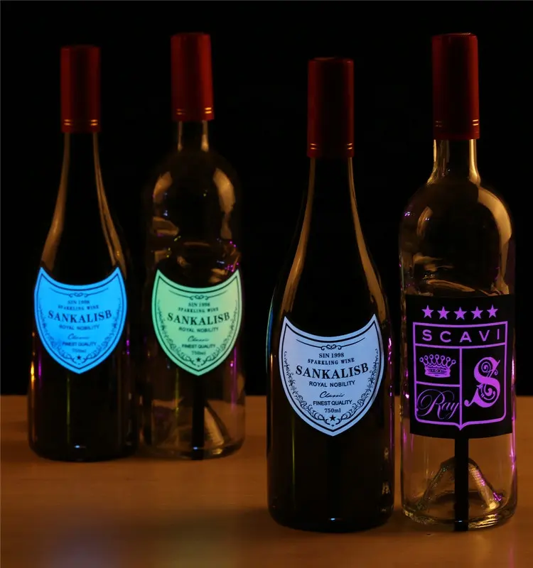 ملهى ليلي حزب OEM الملونة للماء EL لواصق النبيذ مخصصة مضيئة لاصق LED الشمبانيا ملصقا تضيء زجاجة التسمية