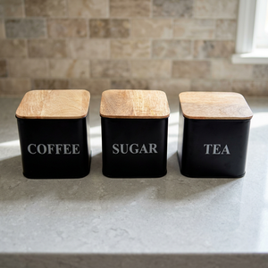 Sheeraz International Modern Set of 3 Black Metal Coffee Sugar Tea Storage Canisters with Wood Lids Airtight Kitchen Containers - Product Image 2