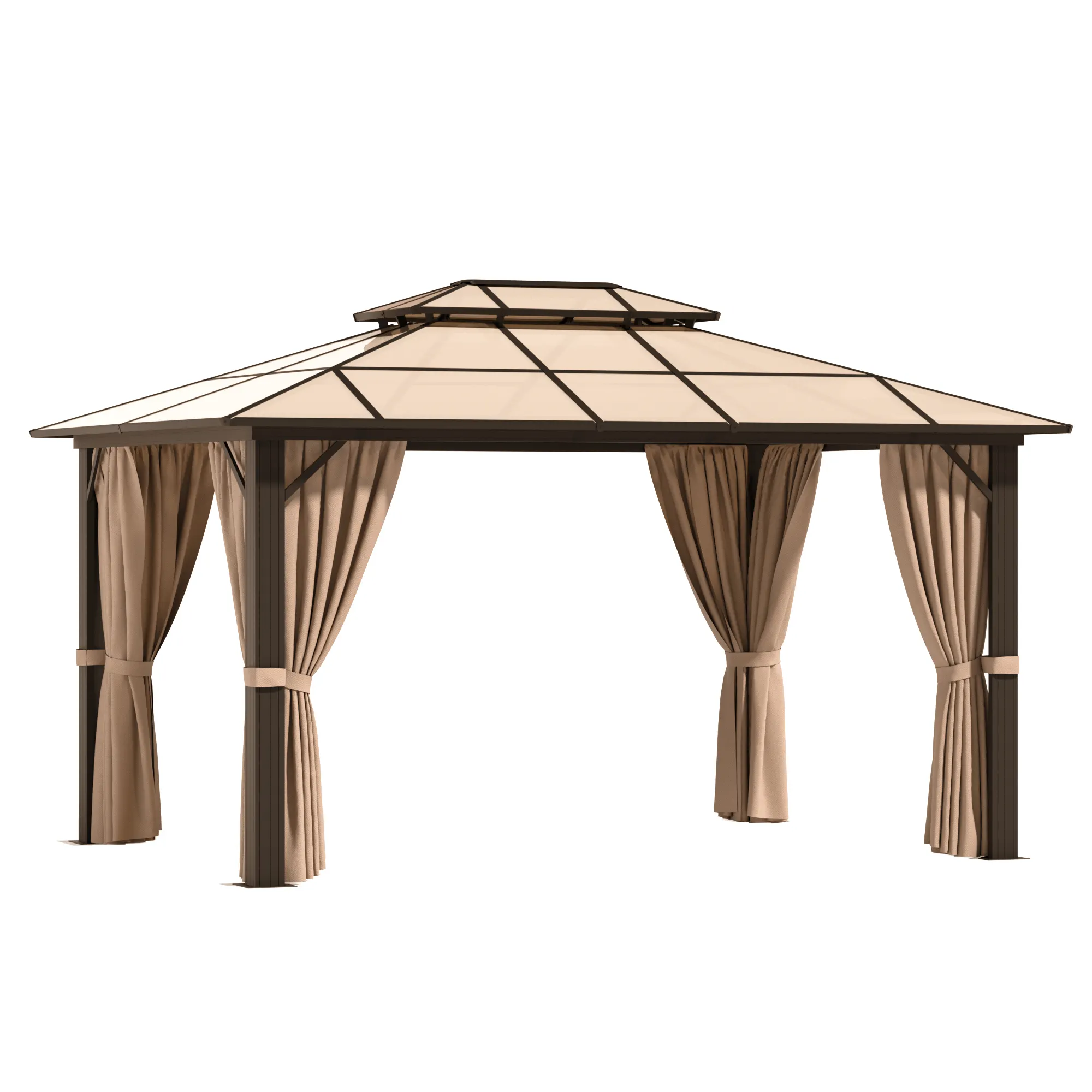 10 'x 12 'hardtop Gazebo, polikarbonat çift çatı, perdeler ve örgü ile alüminyum çerçeve, kahverengi