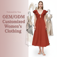 Robe midi décontractée pour femme, orange rouille, col en V, manches à volants, à nouer sur le devant, coupe évasée, style resort, personnalisable, vente en gros