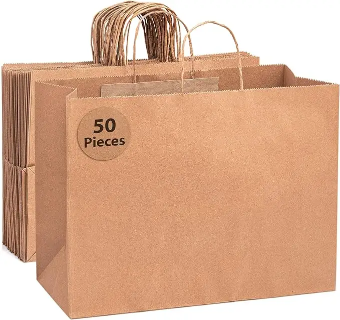 निर्माता सीधे हैंडल के साथ क्राफ्ट पेपर बैग बेचते हैं, कस्टम रेस्तरां फूड कैरी क्राफ्ट पेपर बैग
