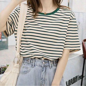 Camisetas Casuales de Verano con Cuello Redondo y Manga Corta para Mujer, 100% Algodón, Camiseta a Rayas Transpirable, Tees Estampados de Punto - Product Image 2