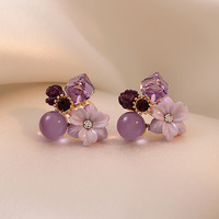 Boucles d'oreilles clous tendance coréennes plaquées or avec fleurs en cristal violet noble pour femme, accessoire de bijoux pour mariage et soirée
