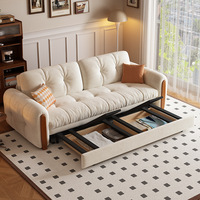 Sofá Cama Multifuncional Minimalista en Tono Crema, Plegable, Telescópico, de Madera Maciza con Almacenamiento para Sala de Estar y Estudio