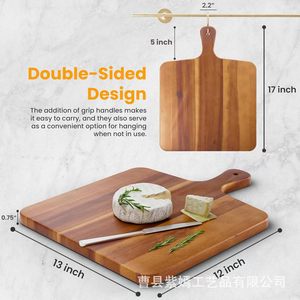 Tabla de cortar de madera de acacia con asa, rectangular, de doble cara, bandeja de cocina para servir pizza y queso. - Product Image 4
