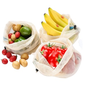 Sac en filet en coton naturel recyclé avec cordon de serrage et logo personnalisé, réutilisable, fabriqué en usine, sacs en filet pour fruits, sac en filet pour épicerie - Product Image 1