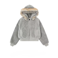 Herbstliche Cropped-Kunstfelljacke mit Kapuze, Kondor-Adler-Stickerei, Herren-Steppjacke aus Frottee-Stoff mit Reißverschluss, Amerikanischer Streetwear-Stil