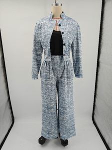 Ensemble tailleur élégant 2 pièces imprimé pour femme : veste à col montant et pantalon droit large en Spandex/Polyester, anti-boulochage et respirant - Product Image 2