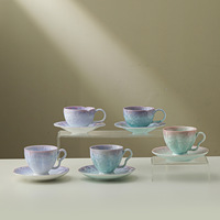Ensemble tasse et soucoupe en céramique émaillée cristalline, tasse à café ou à thé irisée pastel avec bord festonné