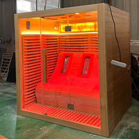 Sauna Hemlock WiFi Modern Mewah untuk Luar Ruangan, 3-4 Orang, Sauna Uap Kering Inframerah dengan Kursi Santai dan Dinding Garam untuk Terapi di Rumah