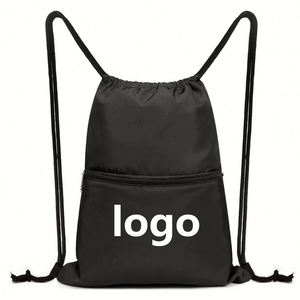 Custom Fashion Sports Women Men Drawstring <b>Backpack</b> With Zipper Pocket Waterproof <b>Black</b> Polyester Sack Pack - Product Image 1