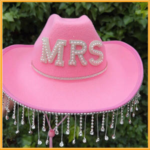 Bachelorette poule fête mariage strass gland Cowgirl <span class=keywords><strong>chapeau</strong></span> mariée feutre chapeaux diamant perle douche nuptiale Cowboy chapeaux pour femmes - Product Image 5