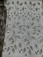 Tissu KC de luxe vert armée en maille dentelle, tulle brillant orné de plumes de paon et de sequins pour tenue de banquet de mariage à Dubaï