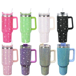 Vaso de diamante ostentoso con diamantes de imitación de 40oz con purpurina 2024 con asa, botella de acero inoxidable aislada al vacío con tapa y pajita - Product Image 1