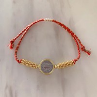 LS-L6164 Bracelets faits main avec perles médaillon, breloques cœur rouge et croix, nœud coulissant, perles dorées tressées, style foi