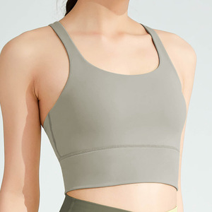 Soutien-gorge de sport économique à bretelles doubles spaghetti, design personnalisé, dos évidé, haut court, <span class=keywords><strong>fitness</strong></span>, yoga, vêtements de sport pour <span class=keywords><strong>femme</strong></span> - Product Image 4