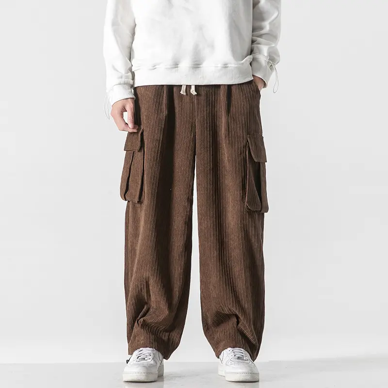 Popular men corduroy cargo pants plain pockets custom embroidery logo loose fashion men's oversize pants