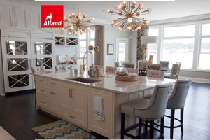 Armoires de cuisine sur mesure Alland de style moderne avec finition laquée mate, panneaux en MDF encastrés, îlot et porte en verre - Product Image 2