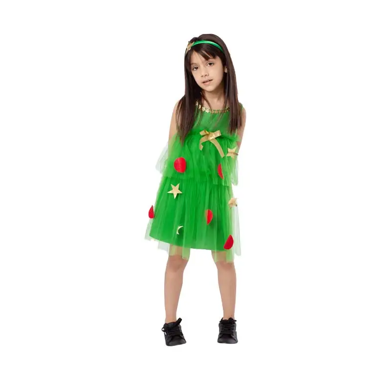 女の子のためのホットスタイルのクリスマスツリーキャラクタードレスクリスマスパーティーコスプレのためのヘッドバンド付きグリーンポリエステルスーツ
