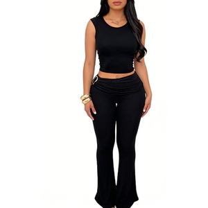 Women's Crop Top Pants <b>Set</b> Casual 2 Piece Solid Color Sleeveless V-neck Eco-Friendly Breathable Spandex/Polyester Sports Fashion - Product Image 4