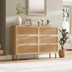 <span class=keywords><strong>Commode</strong></span> à <span class=keywords><strong>6</strong></span> <span class=keywords><strong>tiroirs</strong></span> en rotin GarveeHome, gain de place, à poser au sol, avec <span class=keywords><strong>tiroirs</strong></span> profonds pour chambre à coucher, salon et chambre d'enfant - Naturel - Product Image 1