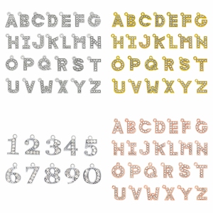 ซิงค์อัลลอย + พลอยเทียมสีเงินและสีทองตัวอักษรแขวนประมาณ15X15มม. ตัวอักษรเลื่อนเสน่ห์ห้อยจี้ตัวเลข - Product Image 2