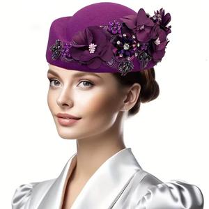 Sombrero de turbante de fieltro Vintage para mujer, tocado Derby de iglesia con flores, boina suave para mujer, gorras para fiesta, sombrero de azafata de aerolínea - Product Image 5