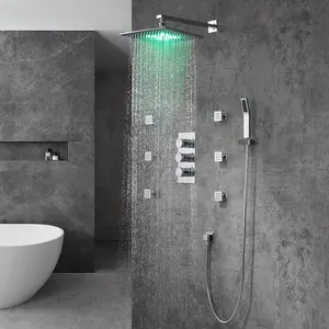 AMAXO-Juego de ducha de latón moderno, cuadrado, Led oculto, sistema de ducha de lluvia de baño cromado termostático