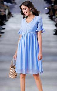 Abito blu chiaro con scollo a V con ricamo, maniche corte svasate, abito <span class=keywords><strong>Midi</strong></span> in Chiffon da donna - Product Image 3