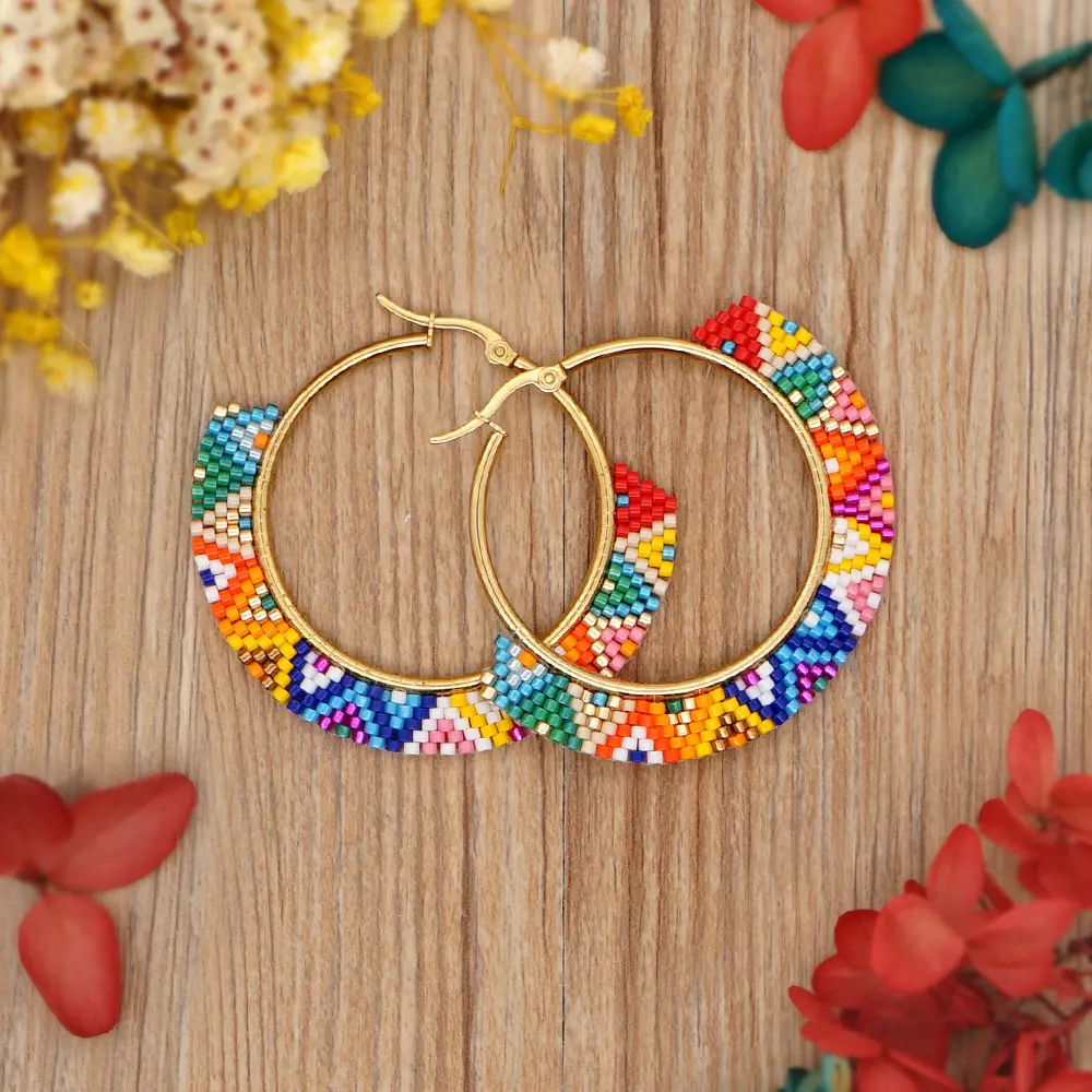 2021 Simple Geometric Handmade Woven Color MIYUKI Bead Earrings Bohemian Big Hoop Beaded Earrings Women