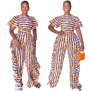 Pantalon frontal élégant pour femmes 10032 pour <span class=keywords><strong>Amazon</strong></span> pantalon droit taille haute à volants manches bulle décontracté Dashiki pour l'été - Product Image 6