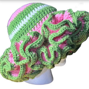 Cappello Artigianale all'Uncinetto con Bordo Arricciato, Cappello in Pizzo a Foglia di Loto per Adulti - Product Image 6