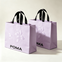 Sac cadeau en papier avec logo personnalisé, poignée en ruban de satin, fleur en relief, finition mate lavande, sac de shopping, sac d'emballage pour bijoux, vente en gros